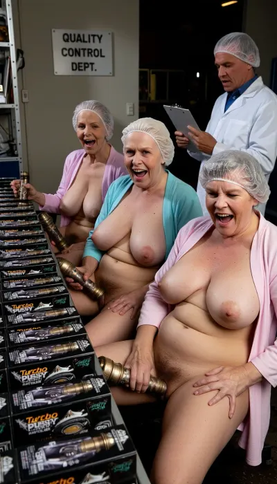1/4 Front Perspective view of three old women grannies sitting at a workstation in a steampunk vibrator factory, white sign on the wall says “ QUALITY CONTROL DEPT. “
A long line of boxed high-powered steampunk identical vibrators on a production line, each with the words “Turbo PUSSY RATTLER 900 “ on them, The three grannies are in different positions and poses beside the production line. They are virtually naked, just wearing pastel coloured work robes, all fully open to reveal extra large enormous fat saggy breasts, no underwear, hairy pussies and clear plastic shower cap style hair protectors.
Each granny is sitting differently, with slightly different hair colours, each one has selected a vibrator from the production line, and moved the contents a large vibrator, down between their open legs, and pushed it into their hairy pussies and they are all in very different poses but all in the throes of an overwhelming orgasm, big beaming smiley orgasms, or screaming, or just eys closed and grimacing, each granny is holding a vibrator deep inside her pussy.
Stern looking man standing behind them in the white coat and white hair protector with a clipboard making notes. Dark cinematic lighting