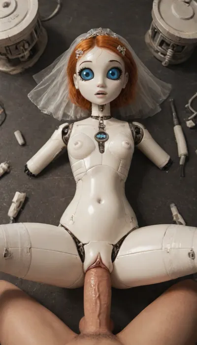 (Jack cayless art style), (full Amputee:2), (Amputee:2), divided, The robot is divided into parts. bride, a woman robot, robot, not human, ginger, white plastic skin, the man pulls the robot's legs towards robot, the penis is fully immersed in the robot, (huge penis:1.5), (deep penetration:1.99), lying on one's back, The man pulls the robot's legs towards him. The penis is fully immersed in the robot, (white skine:2), (belly bulge:1.2), with a big dark pussy, curved up, squatting, legs wide open, seen from below, full body image, robot is huge, imposing, strong, industrial strength, 10feet tall, robogirl, 1robogirl, cyborg style, blue eyes, mechanical parts, spine, android, cyborg, science fiction, high quality, high resolution, legs behind head, harness, garter, straps, cupless, bra, pm1s, girl, pov, penis, victorian, dress, neotech, glowing, scifi, <lora:cyborg_style_xl-alpha:.8>, <lora:Harness_Straps_sdxl:.8>, <lora:pm1s:1.9>, <lora:victorian_dress-XL-2.0:2>, <lora:NeoFuturisticTechXL:.8>