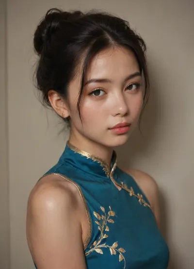 (Asian woman), small body, chinese jade dress, 20-years-old, portrait, soft and tender, dimly lit, (dynamic angle)