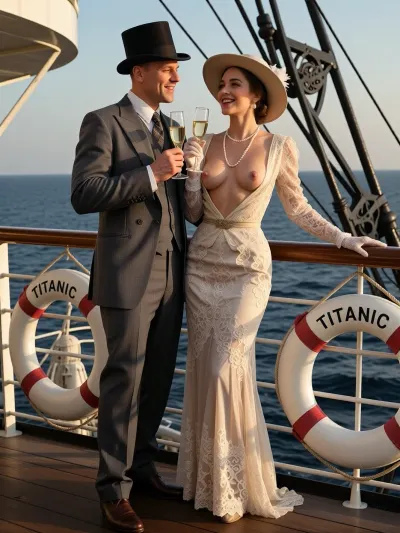 A photorealistic and cinematic vintage photograph of an elegant, aristocratic couple standing on the deck of the Titanic on the evening of April 14, 1912, with lifebuoys bearing the English inscription “TITANIC” hanging from the railing, while the couple themselves raise glasses of champagne. The man is dressed in a classic, custom-tailored three-piece suit and a top hat. The woman wears a luxurious lace dress from the Belle Époque era, the bodice of her dress is open, revealing her perfect natural breasts. She also wears a ladies’ hat, a pearl necklace, and elegant white lace gloves. They are standing, leaning against the deck railing, smiling as they enjoy this romantic moment. The blue ocean is in the background. Soft “golden hour” sunlight, a warm color palette, an authentic photograph from the 1910s, and highly detailed, realistic historical fashion.