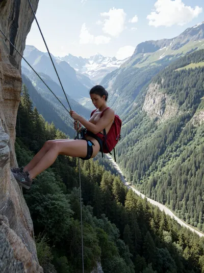 A woman is rappelling down a steep cliff face, suspended by ropes against a dramatic mountain landscape. She is positioned centrally in the frame, descending on a rope system with a harness, her body angled slightly toward the camera. Her dark hair is pulled back, and she has a focused expression, looking down as she grips the ropes. A red backpack is visible behind her. The scene is set in a vast mountain valley with lush green forests and distant snow-capped peaks under a bright, partly cloudy sky. The lighting is natural daylight, creating soft shadows and highlighting the textures of the rock face and foliage. The composition emphasizes the height and scale of the environment, with the cliff edge framing the left side of the image. The overall style is realistic and outdoor adventure-oriented, capturing a moment of action and exposure in a rugged natural setting. The image has a slightly grainy, candid quality, suggesting a real-world photograph rather than a stylized render.