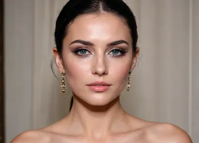 "Imagine a face that not only catches the light, but also commands it. The skin still resembles shining porcelain, but now it is accentuated by an iridescent highlighter on the cheekbones and bridge of the nose, giving the face a heavenly glow, as if kissed by dew. The eyebrows are clearly defined, which gives the facial expression confidence and charm. But the real drama begins with the eyes, bold, shimmering gold or electric blue eye shadows blend over the eyelids, forming spectacular smoky shadows that give the look a hypnotic and piercing hue. The eyelashes are thick, voluminous and inky black, framing the eyes like a dark, seductive curtain."
"And lips... they are no longer just soft coral. They are painted in a bright, glossy crimson color — so bright that it feels like a challenge. It's an impossible-to-miss face, a masterpiece of bold colors and precise lines that transforms beauty into something exhilarating."
"Her black hair is cut into a sharp, asymmetrical bob that touches her jawline on one side and falls slightly on the other, creating a dynamic sense of movement even when she stands still. The texture is polished to a glassy sheen, making the hair look like liquid silk. The roots remain smooth and fit snugly to the scalp, and the tips are trimmed with such precision that they look almost like a blade. To give the hairstyle a modern look, a hidden neckline at the back of the head gives it a clean, fresh look, and a deep fringe with a side parting falls over the forehead, partially covering one eye and giving the image a mysterious charm."