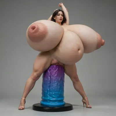 gorgeous woman, side view, super wide dildo, massive giant huge black dildo in pussy, massive dildo in pussy, dildo fucking, huge girth, (extreme hyper dildo:1.3), enormous dildo, balls deep, to the hilt, wet pussy, (absurd belly bulge:1.3), pussy stretch, (biggest hyper dildo possible:1.3), widest dildo ever, (super wide thick enormous gigantic impossibly huge dildo:1.3), huge gaping puffy swollen labia, impossibly wide vaginal penetration, (the dildo is stretching her pussy and stomach wider than her body:1.3), enormous gigantic huge breasts, (giant puffy nipples:1.3), (her body is stretched like a condom around the colossal dildo:1.3)