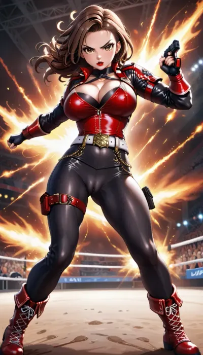 Very fit female fighter in a fighting stance, long straight reddish-brown hair, brown eyes, red lips, large breasts, strapless red leather bustier with a plunging neckline, black skin-tight leather pants with a white belt, cameltoe, pistol in her left hand, combat boots, full-body view, in a fighting arena.