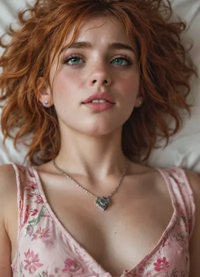 pointed turned-up nose, (ginger hair:1.6), (short messy hair:1.6), (piercing green eyes:1.6), plunging diamond neckline, pink floral dress, close fitting bodice, small breasts, erect nipples, eye rolling orgasm, oface, on back, flushed, nipple bulge, imperfect skin, nipple peek, head back, nipple_slip, masturbating, coral lipstick, pale skin, blushing, simple necklace