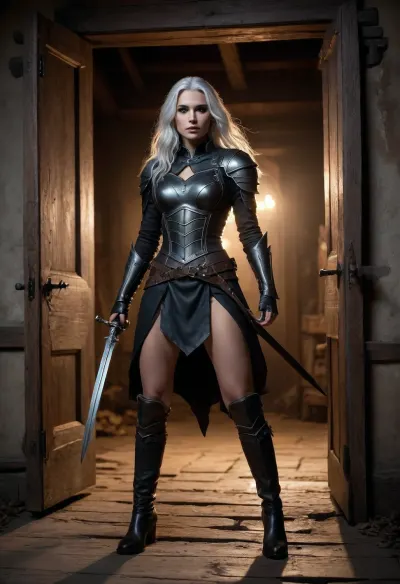 in a medieval manor house at night, a beautiful 30‑year‑old Serbian huntress with long white hair and dark makeup kicks open a heavy wooden door, shards of splintered wood flying, she stands in the doorway in a low forward‑leaning stance, holding two sharp daggers, her muscles tense as she is about to sprint, her gaze cold, focused and predatory, moonlight and torchlight mixing to cast dramatic shadows, worn black leather armor, dust swirling around her boots, intense motion energy, dark fantasy atmosphere, ultra‑detailed face, cinematic lighting, storytelling composition