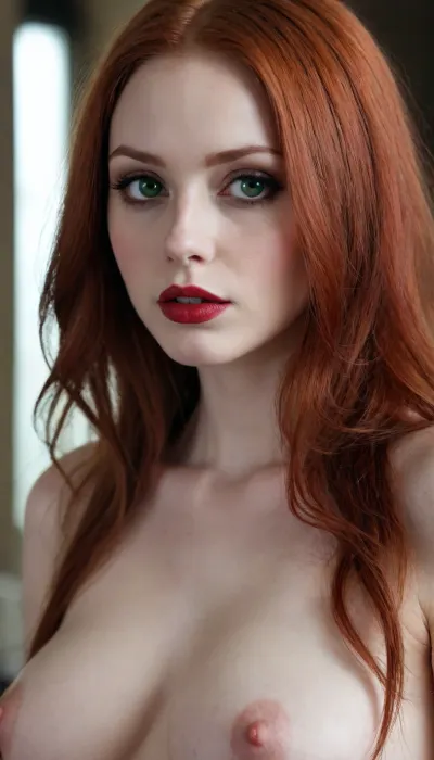 Gothic girl, slim body, huge breast, long redhead hair, green eyes, dark make up, red lips, very pale skin, naked, shaved vagina, side