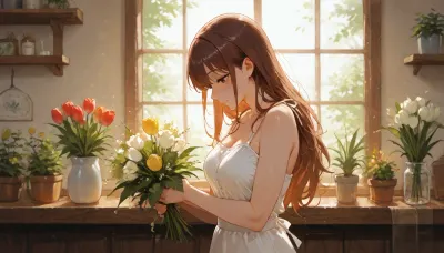 Create a watercolor painting of a young florist woman with long, wavy brown hair, working as a florist in a cozy tulip shop. She has a slender build and is wearing a tight provocative summer dress. She is leaning over a wooden workbench, focused intently on arranging a beautiful, large bouquet of fresh tulips. Her expression is filled with joy and professional as her hands carefully place a stem into the arrangement, which features red and white tulips and various sprigs of greenery. The background is filled with blurred shelves stocked with assorted tulip arrangements. The lighting is soft, warm, and natural, emanating from the right side, highlighting the texture of the flowers and the subject's face. The overall composition captures a peaceful, romantic moment in a small business setting. Watercolor, oil, and, watercolor, painting, <lora:oil_and_watercolor_painting:.8>
