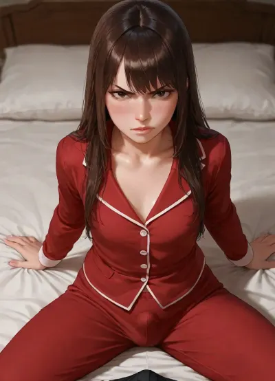 photorealistic, high quality, woman, solo, imtersex, flat chest, plain round face, brown long hair, (40 years old), (plump), (red pajamas), (sitting on bed), (erection in pants:1.3), (angry), blushing, (), (legs apart), (looking at viewer)