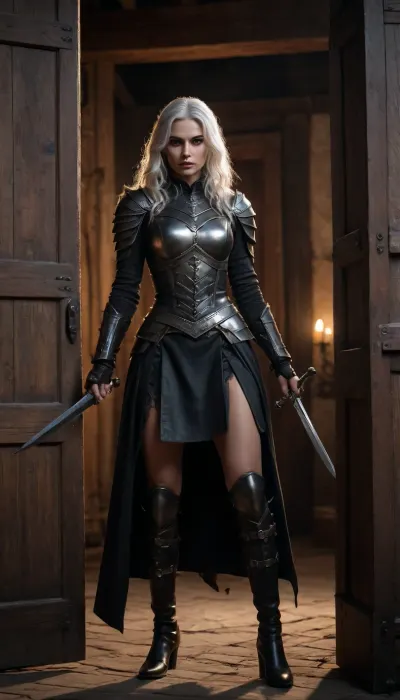 (masterpiece, best quality:1.2), photorealism, studio photo, UHD, 8k, in a medieval manor house at night, a beautiful 30‑year‑old Serbian huntress with long white hair and dark makeup kicks open a heavy wooden door with explosive force, splinters and dust bursting outward, she stands in the doorway in a low forward‑leaning stance, both hands gripping dark steel daggers, her body tense like a predator about to sprint, her gaze cold, focused and professional, moonlight and torchlight casting dramatic shadows across her worn black leather armor, intense motion energy, dark fantasy atmosphere, ultra‑detailed face, cinematic lighting, storytelling composition