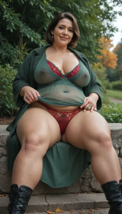 Low angle view, a happy mature chubby brunette woman, short staight bob hair, naughty flirty smile, (chubby:1.4), (obese:.6), (wide hips:1.4), (natural midsection:1.4), (mature:1.4), belly folds and fulges, wearing a coat and, ((thick dark green sheer jumper)), and long black loose dress, (sitting:1.2), on a stone steped path in an English country garden on a beautiful sunny Autumn morning, tanned skin, looking at viewer, pulling up her dress to show her pussy, ((see-through panties)), ((hairy pubes)), (covered by her sheer large red lace panties:1.2), legs wide spread, ((thin muscular legs)), large sagging and very drooping breasts beneath her jumper, high black leather boots