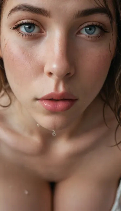 "Masterpiece, ultra realistic photo, close up shot, front view. A stunningly beautiful woman with an expressive face of pure relief and shameless ecstasy. She is urinating directly towards the camera, a stream of warm urine flowing from her vulva. Detailed liquid physics, droplets splashing, wet skin glistening, wet clothes clinging to her body, intense eye contact, flushed cheeks, messy hair, cinematic lighting, dramatic shadows, 8k resolution, hyper realistic textures, raw and explicit fetish content, pornographic masterpiece."