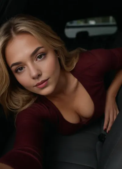 Extremely realistic and extremely detailed, lifelike pores and skin and labia folds and vaginal opening, wet juicy vagina, 18 yr old blonde girl with straightened messy dark blonde gen-z hair with big brown eyes but her eyes are a bit closed. The picture is artistically aligned in such a way that her nose is always aligned vertically in the shot regardless of her surroundings. Really cute and smooth skin. Close up selfie of her turned on her side with one arm reaching out of the image behind her and you cant see the phone as she is crawling into the back of a grey car. Shes wearing a dark wine red long sleeve shirt that’s pulled up to show her belly, a black puffy Patagonia overcoat vest. It’s dark outside and there is a dim dark red light illuminating the scene. She has short black painted fingernails. she lays on her side Its nighttime. Her ass is showing and her ass is round but small and her labia and vulva are spread apart and moist from masturbating herself, her clitoris is engorged, she looks horny, smirking naughtily, her mouth lips are together tight, mouth closed, mouth shut, igbaddie, spread, ass, <lora:igbaddie-XL:.4>, <lora:SDXL_DatAss_v1:.2>, <lora:SpreadAssSDXL_v04:.1>