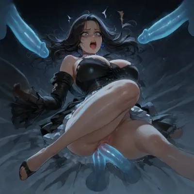 reiq style, 22 years old petite Yennefer of Vengerberg, (skinny), wearing ripped black dress exposing her ass and breasts, ruined makeup, shocked expression, suspended in the air, ((lots of disembodied penises floating in the air around her)), ((gangbanged by huge transparent penises)), ((blue transparent glowing penises fucking her:1.8)), fucked in ass, fucked in pussy, fucked between breasts, deepthroat, ((titjob)), <lora:dark:.8>