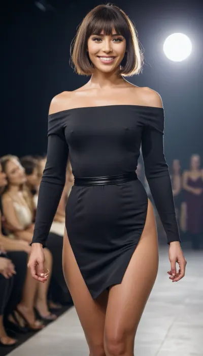 dark medium-length bob hair with bangs, looking at the camera, smiling face heavily made up, with false eyelashes, big silicone ass, saggy breasts, pubic hair, flabby black pussy, nude full body, walking on the high fashion catwalk, tall Scandinavian woman, tight dress with long skirt with side leg slits, smiling face with a lot of make-up