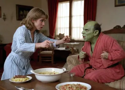 1female elf, 1male orc, elf housewife in old stale home robes is making a mess scandal of smashing dishes, she's in anger, she looms over her orc husband while he's sitting drunk on the couch in striped pajamas, a Soviet-style room, ussr entourage, 1980s setting