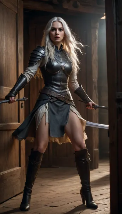 in a medieval manor house at night, a beautiful 30‑year‑old Serbian huntress with long white hair and dark makeup kicks open a heavy wooden door, shards of splintered wood flying, she stands in the doorway in a low forward‑leaning stance, holding two sharp daggers, her muscles tense as she is about to sprint, her gaze cold, focused and predatory, moonlight and torchlight mixing to cast dramatic shadows, worn black leather armor, dust swirling around her boots, intense motion energy, dark fantasy atmosphere, ultra‑detailed face, cinematic lighting, storytelling composition