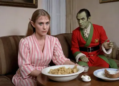 1female elf, 1male orc, elf housewife in old stale home robes is making a mess scandal of smashing dishes, she's in anger, she looms over her orc husband while he's sitting drunk on the couch in striped pajamas, a Soviet-style room, ussr entourage, 1980s setting, (pointed ears)