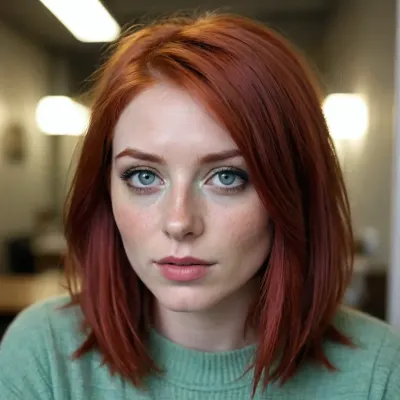 copper-red hair with light-blue highlights in a bob haircut, huge bright green eyes, a snub nose, freckles, plump maroon lips.