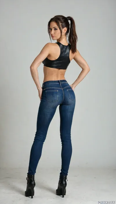 Full body view, back view, (((hands in the back))), ((bubble butt:1.5)), 18yo stunning sexy secretary, slim waist, long legs, black eyes, black hair, ponytail, (((tight jeans pants with leather crop top with the words "PÉTASSE" written on top))), high black boots, slender, ((looking at viewer)), lora, ahxl_v1, 1.7>, sad looking, 4ss_p4nts, shiny, bottomheavy, big, ass, huge, gigantic, thick, thighs, massive, <lora:Creat0r_MagicDetailzV2_FIX:1.4>, <lora:Ass_Pants_XL:2>, <lora:bottomheavy_v1_sdxl_LoRA:2>