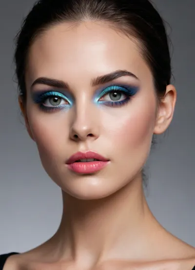 "Imagine a face that not only catches the light, but also commands it. The skin still resembles shining porcelain, but now it is accentuated by an iridescent highlighter on the cheekbones and bridge of the nose, giving the face a heavenly glow, as if kissed by dew. The eyebrows are clearly defined, which gives the facial expression confidence and charm. But the real drama begins with the eyes, bold, shimmering gold or electric blue eye shadows blend over the eyelids, forming spectacular smoky shadows that give the look a hypnotic and piercing hue. The eyelashes are thick, voluminous and inky black, framing the eyes like a dark, seductive curtain."
"And lips... they are no longer just soft coral. They are painted in a bright, glossy crimson color — so bright that it feels like a challenge. It's an impossible-to-miss face, a masterpiece of bold colors and precise lines that transforms beauty into something exhilarating."
"Her black hair is cut into a sharp, asymmetrical bob that touches her jawline on one side and falls slightly on the other, creating a dynamic sense of movement even when she stands still. The texture is polished to a glassy sheen, making the hair look like liquid silk. The roots remain smooth and fit snugly to the scalp, and the tips are trimmed with such precision that they look almost like a blade. To give the hairstyle a modern look, a hidden neckline at the back of the head gives it a clean, fresh look, and a deep fringe with a side parting falls over the forehead, partially covering one eye and giving the image a mysterious charm."
