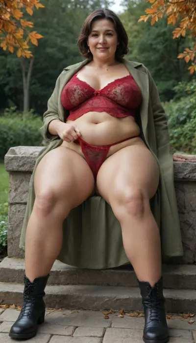 Low angle view, a happy mature chubby brunette woman, short staight bob hair, naughty flirty smile, (chubby:1.4), (obese:.6), (wide hips:1.4), (natural midsection:1.4), (mature:1.4), belly folds and fulges, wearing a coat and, ((thick dark green sheer jumper)), and long black loose dress, (sitting:1.2), on a stone steped path in an English country garden on a beautiful sunny Autumn morning, tanned skin, looking at viewer, pulling up her dress to show her pussy, ((see-through panties)), ((hairy pubes)), (covered by her sheer large red lace panties:1.2), legs wide spread, ((thin muscular legs)), large sagging and very drooping breasts beneath her jumper, black leather boots