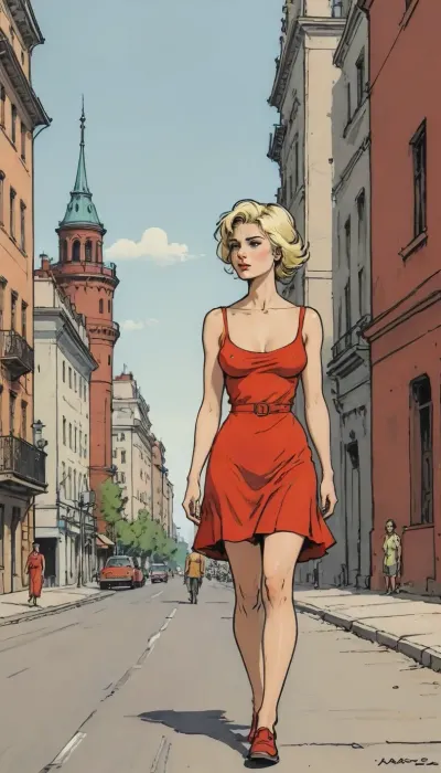 (detailed drawing with clean lines and meticulous shading, flat colors, line art, no gradients), hot naughty blonde in red short summer dress walking down the street, Stalin empire style buildings in background, the soviet era, USSR epoch, <lora:Moebius (Jean Giraud) Style:1.5>, <lora:outline_xl_kohaku_delta_spv5x:2>, <lora:lineartSDXL:.5>, <lora:sketch_it:2>