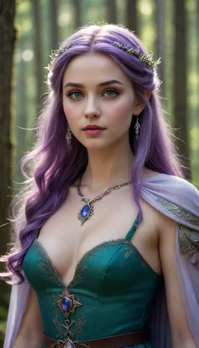 Here is the elven princess Lirianna, who is the subject of ballads in ten kingdoms, and even the harsh mountain trolls whisper her name with reverence.
Her hair is the color of moonlight silver — long, flowing, as if woven from night light and a thin web of stars. They fall freely all the way to the ground, and tiny crystals are woven into them, which ring softly with every step, like the distant chime of crystal bells.Lirianna's face is thin, almost ethereal, high cheekbones, a straight, elegant nose and a slightly raised chin, in which one can read both the pride of the family and the willingness to protect their people. Her skin is pale, like the petals of a mountain edelweiss, and a subtle pattern barely flickers on it, ancient runes that appear only in the moonlight — a sign of her magical heritage.
Her eyes are unusual, one is the color of amethyst, the other is emerald, as if each has its own element. There is no cold detachment in them — on the contrary, the wisdom of the ages and a slight sadness from how many secrets she has learned flicker in the depths of her gaze. Long eyelashes, glowing purple, make the look even more mysterious.Lirianna's lips are soft, a warm pinkish‑purple shade, and her smile is rare, but such that even the darkest wizards forget their dark intentions for a moment.She is not dressed in magnificent ball gowns, but in an outfit worthy of a warrior and a sorceress, a light cloak made of fabric shimmering with all shades of twilight, on top of which is a thin armor made of silver metal, decorated with engraving in the form of forest branches and stars. On his belt is a blade with an ebony hilt inlaid with moonstone, which glows when magic lurks nearby. Around her neck is an amulet, a drop of frozen light in a silver frame, a family heirloom passed down from generation to generation.She walks through the enchanted forest as if she were a part of this world, she doesn't break a single branch, doesn't disturb a single bird. Her footsteps are noiseless, and silence seems to be gathering around her — the same one in which you can hear the trees whispering and the distant stars singing.
But behind this