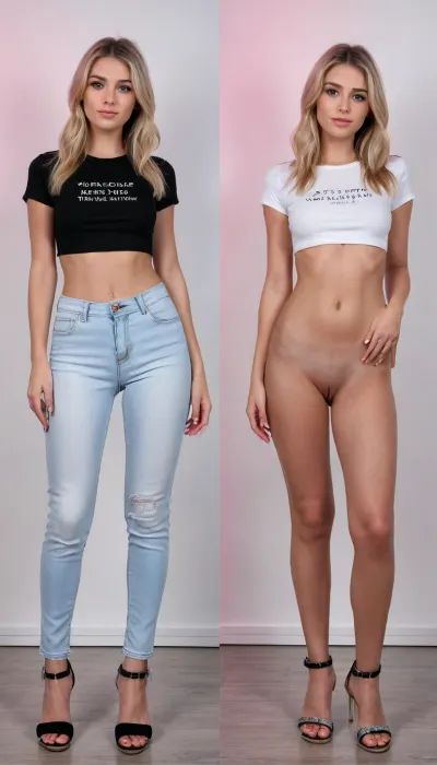 (masterpiece, ultra-detailed, best quality), photo-realistic, hyper-realism, clear image, full body shot, cute, pretty, stunning 23 year old, girl standing, large elastic breasts, (expensive black high heeled sandals:1.3), (strait-on, frontal body), naked, realistic skin with blemishes, realistic studio lighting, shaved innie pussy, beautiful slim face, blonde hair, short bangs, (too skinny:1.2), detailed realistic tanned skin, detailed realistic face, slender body, small ass, (same person, same pose, same angle), (2Split screens, 2split views, onoff:1.2), (Ankle length denim jeans and white t-shirt:1.3), (simple light-blue and pink background), BREAK, <lora:OnoffXL_ExtraCrispy:.7>