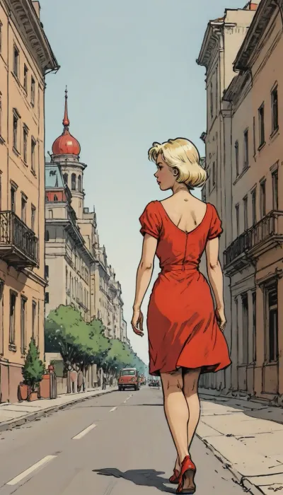 (detailed drawing with clean lines and meticulous shading, flat colors, line art, no gradients), hot naughty blonde in red short summer dress walking down the street, Stalin empire style buildings in background, the soviet era, USSR epoch, <lora:Moebius (Jean Giraud) Style:1.5>, <lora:outline_xl_kohaku_delta_spv5x:2>, <lora:lineartSDXL:.5>, <lora:sketch_it:2>