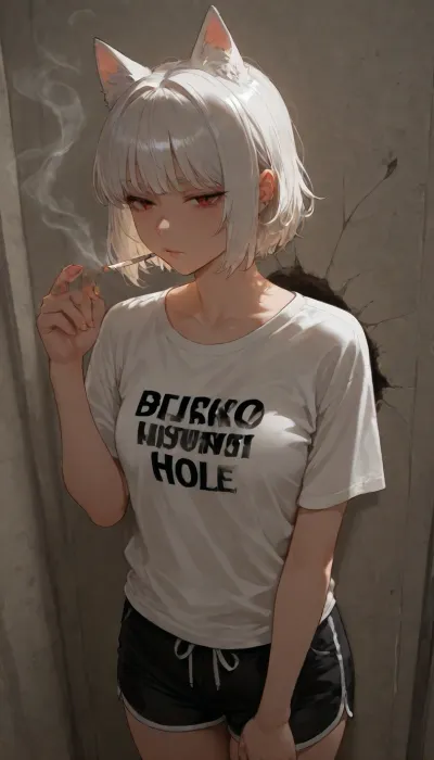 Girl cat stuck in a hole in the wall, white hair, white t-shirt, black shorts, smokes a cigarette, medium cut