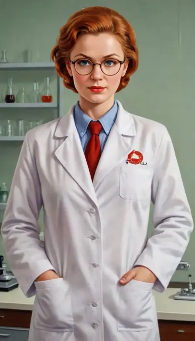(A detailed drawing with clean lines and meticulous shading, flat colors, line art, no gradients), USSR poster, USSR postcard, USSR epoch, pin-up style, photorealistic, glossy poster, postcard, 4k, high quality, soviet poster art, 30yo scientist, full nude, ultra skinny, no breasts, ginger bobcut, (square glasses), white open lab coat, in chemistry laboratory, <lora:Soviet-poster:.8>