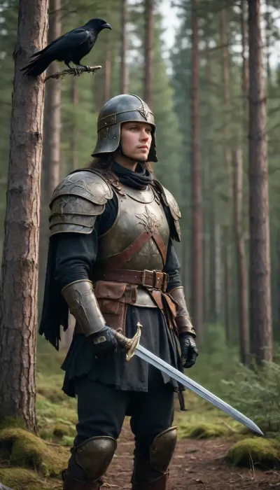 (in style of Konstantin Vasiliev paintings), slavic beauty in Russian style combat gear, Russian armor, Russian helmet, after a battle, stands over a defeated enemy leaning on a long sword, a raven sits on her shoulder, dense spruce forest in background