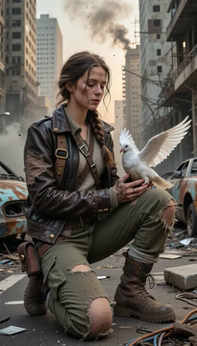 Photorealistic cinematic wide-angle portrait shot on heavy 35mm film grain, set within the interior of a vast post-apocalyptic city. A young woman in her early twenties, surviving in a harsh wasteland, is kneeling on both knees directly upon the shattered asphalt of a ruined thoroughfare. Her expression is a quiet mixture of reverence, exhaustion, and hope as her calloused, dust-caked hands gently cup a stark white domestic dove. The dove's feathers are immaculate in contrast to her grime-streaked skin, its wings half-spread and tensing as it prepares to break free and take immediate flight. The woman's survivor attire reflects a functional, scavenged Mad Max and Fallout aesthetic, a worn, weathered dark brown leather biker jacket heavily patched with hand-stitched coarse canvas and reinforced with tarnished brass rivets, thrown over a faded, frayed thermal knit shirt and a rugged utility harness fitted with tarnished carabiners and small leather pouches. She wears heavily faded olive-drab canvas cargo trousers, shredded at the knees and stained with old oil and dried mud, tucked into heavy, scuffed leather combat boots with thick, treaded rubber soles wrapped in protective cloth bindings. Her dirty auburn hair is loosely woven into a messy, unraveling braid with stray strands framing a face streaked with soot and dry dust. The environment is an absolute urban wasteland, towering concrete skyscrapers stand as hollowed-out skeletal husks with shattered windows and twisted rebar projecting from crumbling facades. In the foreground and mid-ground, the cracked, buckled street is littered with rusted, gutted car frames, burnt-out vehicle chassis covered in flaking rust, collapsed concrete slabs, scattered broken glass, and tangled copper wiring. A hazy, smoke-filled atmosphere grips the air, with tiny dust motes floating through the space. The visual scene is bathed in the dramatic, low-angle light of a golden hour sunset filtering through dense industrial smog and distant smoke plumes, casting long shadows and warm directional amber highlights across the woman's face, the intricate weave of her rugged clothes, and the soft down feathers of the bird. Shot with a prime lens at f/2.8, creating a rich volumetric depth of field where the crumbling cityscape melts into soft, realistic background bokeh while keeping the woman and the fluttering dove in razor-sharp focus.