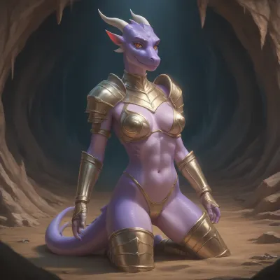 Scalie, dragoness, purple body, curvy, skinny, Armour, skimpy, cave