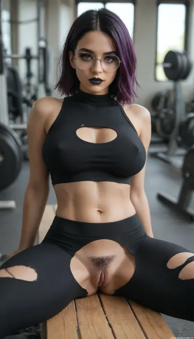 shallow depth of field, 85mm lens, 18-year-old, beautiful, athletic, young, (((gothic))), female, purple hair, ((black eye shadow, black lipstick)), tanned skin, tight large breasts, ((untrimmed bushy pubic hair)), ((small round glasses)), ((small plain black Lycra micro crop top with ripped in the crotch Lycra yoga pants)), lying on bench press machine with spread legs in a modern gym, warm glow, cinematic atmosphere