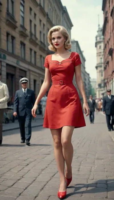 (detailed drawing with clean lines and meticulous shading, flat colors, line art, no gradients, line drawing, clearly drawn contours, contour lines, non-gradient base flat colors, limited palette, base colors), hot naughty blonde right from 1960s in red short summer dress walking down the street, Stalin empire style buildings in background, the soviet era, USSR epoch, 1960s entourage