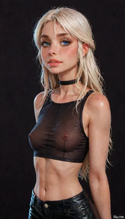 (reiq meets innv and Jack cayless art style), (Incase style:1.2), beautiful girl, blonde hair, very long hair, friendly slight smile showing her teeth, (face closeup), (((solo))), (black choker), (narrow waist), (sexy abs), (ruined makeup:.6), bangs over eye, symmetrical blue eyes, snub nose, plumb lips, parted lips, teeth visible, half-closed eyes, small breasts, (erect puffy nipples), 1girl, ((face focus)), beads of sweat, sweat body, beautiful curves of the body, realistic detailed, deep insertion, intim light, (black transparent crop top:1.4), (simple dark background:1.8), skin texture, futuristic-fantasy-anime, incase, style, <lora:sd_xl_turbo_lora_v1-64dim:2>, <lora:futureistic_fantasy_anime_sdxl_v1:2>, <lora:Incase_Style__SDXL:2>, <lora:SDXL_BetterFaces-LoRA_v1:.8>, (ciri), (cirilla), <lora:Witcher3TurnXL_v1:.8>
