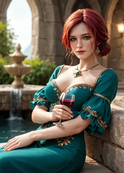 (masterpiece, best quality, highres, photorealistic, ultra detailed), Triss Merigold from The Witcher 3 at the Vegelbud Estate ball, soft oval face, high cheekbones, delicate straight nose, full soft pink lips slightly parted, large almond-shaped striking emerald green eyes with long dark lashes, finely arched dark auburn eyebrows, light natural blush on cheeks, scattered small freckles across the nose bridge, cheeks and upper chest, porcelain fair skin with warm undertone, bright vivid red hair styled in an elegant voluminous updo with soft waves and a few loose strands framing the face, wearing a strapless dark teal green formal gown with intricate swirling golden and silver embroidery patterns all over the fabric, tightly fitted bodice accentuating large firm breasts, long separate dark red velvet sleeves covering her arms from shoulder to wrist, sitting gracefully on a stone bench next to a large ornate stone fountain, holding a wine glass in her right hand close to her face, elegant relaxed posture with legs slightly angled, soft confident expression, dense dark green hedge wall background, warm golden evening lantern light casting soft glow on her skin and dress, highly detailed skin texture, realistic fabric sheen and embroidery, sharp focus, cinematic lighting, depth of field, <lora:trissASP:.8>