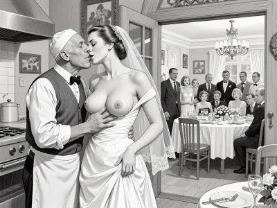 This is is a detailed monochromatic pencil drawing in a classical illustrative style depicts a scene set in USSR, in 1950s, a striking busty slutty bride in a white dress, hugs and passionately kisses an old waiter in the restaurant kitchen who roughly and imperiously paws her tits, ((marginal old waiter roughly pawing her exposed tits with his fingers)), the restaurant hall is visible through the open kitchen door, on a festive table during the wedding banquet, family and parents are watching in their best clothes, a large banquet hall, They celebrate the wedding without noticing the bride, The overall mood is intense, rendered in fine, expressive line work and subtle shading, evoking the style of 1950s satirical or moralistic illustrations.