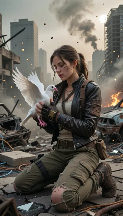 Hyper-realistic wide-angle cinematic portrait shot on heavy 35mm film grain, set within a vast, hostile post-apocalyptic urban wasteland under a crushing, toxic ashen sky. Masterpiece composition with flawless technical precision. The atmosphere is heavy with dense smog, chemical dust, and distant smoke plumes, with glowing dust motes floating through the space, illuminated by a pale, veiled sun and the flickering light of faraway fires. A young woman in her early twenties, surviving in this harsh wasteland, is kneeling upon cracked, buckled asphalt heavily eroded and littered with rusted, gutted car frames, burnt-out vehicle chassis, collapsed concrete slabs with exposed twisted rebar, scattered broken glass, and tangled copper wiring. Her entire focus is on her hands, central to the composition and locked in razor-sharp focus. She wears distressed, fingerless tactical gloves made of dark, worn leather with reinforced knuckles, revealing only her soot-caked, calloused fingertips. Her gloved hands gently cup a stark white domestic dove. The dove's anatomy is flawless, its immaculate white feathers are crisp, and its wings are half-spread and alert, ready to launch. The dove’s pink, highly-textured feet with tiny, sharp, curved claws are clearly visible, resting firmly and distinctly upon the textured, worn leather surface of her right glove palm. Each pink claw is well-defined and makes solid, anatomically correct contact with the glove material without merging. Her survivor attire features a functional, scavenged Mad Max and Fallout aesthetic, a worn dark brown leather biker jacket heavily patched with coarse canvas and tarnished brass rivets, over a faded thermal knit shirt and a rugged utility harness fitted with small pouches. She wears heavily faded olive-drab canvas cargo trousers, shredded at the knees and stained with old oil and dried mud, tucked into heavy scuffed combat boots wrapped in cloth bindings. Her dirty auburn hair is loosely woven into a messy braid with stray strands framing a remarkably expressive face streaked with soot, dust, and sweat. Her expression is a quiet mixture of reverence, exhaustion, and hope. The background features towering concrete skyscrapers standing as hollowed-out skeletal husks with shattered windows and twisted metal frameworks. The scene is bathed in dramatic, ominous light filtering through heavy haze, casting harsh shadows across the woman's face, her rugged clothes, and her gloved hands with the perfectly rendered dove. Shot with a prime lens at f/2.8, creating a volumetric depth of field where the crumbling cityscape melts into soft background bokeh while keeping the woman, her gloved hands, and the fluttering dove in razor-sharp, flawless d