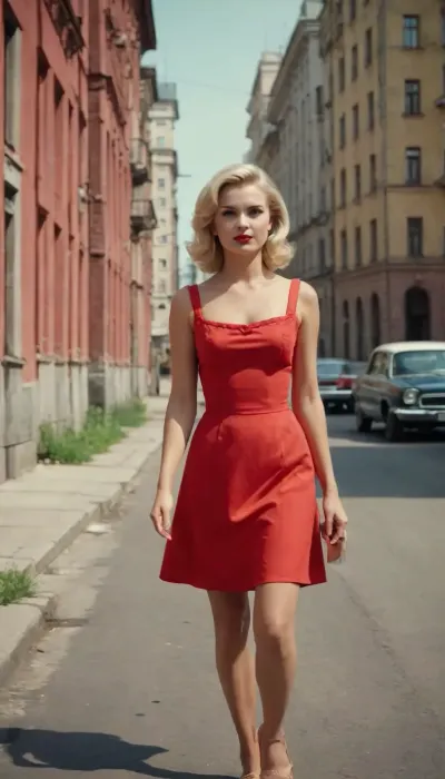 soviet posters style drawing, hot naughty blonde right from 1960s in red short summer dress walking down the street, Stalin empire style buildings in background, the soviet era, USSR epoch, 1960s entourage