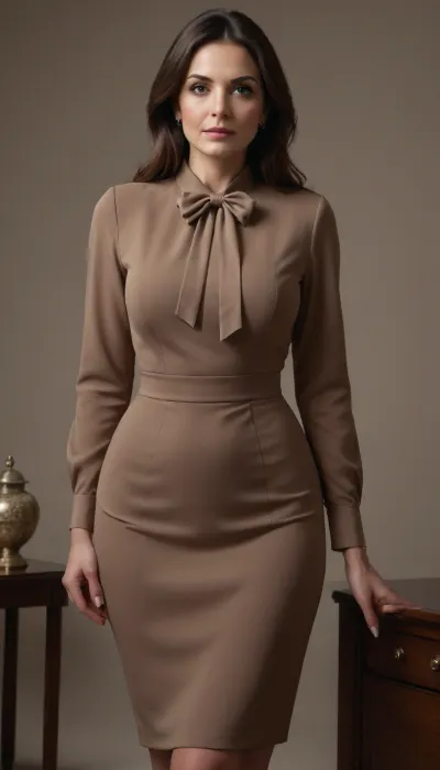 Classy american grandma, ((aged)), greatest mistress, (((tempting))), (((ultra elegant minimalistic simple formal business dress with silk bow blouse))), (huge ultra saggy breasts), long brown hair, curvy, big butt, Curvy, body, <lora:b8174d41-8ba7-4318-bc14-53ee7e353d91.TA_trained:.8>