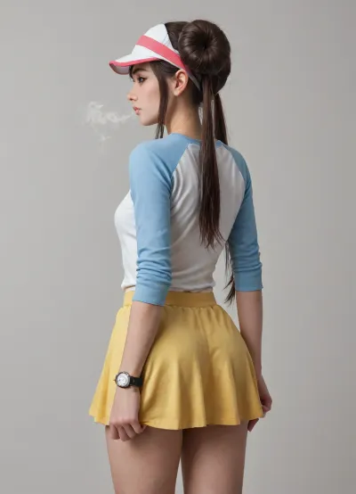 ryusei_, (coupling_maker), pokemon, rosa_, (pokemon), absurdres, commentary_request, highres, 1girl, ass, ass_focus, bare_legs, black_nails, brown_hair, grabbing_own_ass, grey_background, huge_ass, long_hair, raglan_sleeves, shirt, simple_background, skirt, solo, standing, steam, thighs, twintails, very_long_hair, watch, white_shirt, wide_hips, wristwatch, yellow_skirt