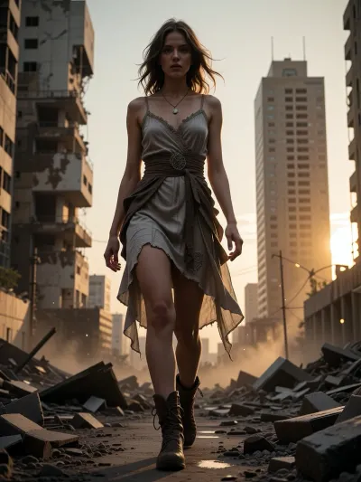 close-up. In a desolate, post-apocalyptic cityscape, where the remnants of once-majestic skyscrapers now stand as testaments to time's relentless erosion, our protagonist, a resplendent young woman, navigates the barren streets with a determined stride. Clad in a worn yet stylish dress, its fabric fluttering gently in the breeze, she embodies a beacon of hope amidst the ruins. The golden hour casts a warm, melancholic glow upon her, silhouetting her figure against the fading light of day, as if the very sky itself was setting her ablaze with an inner fire. The air is heavy with the silence of abandonment, punctuated only by the soft crunch of gravel beneath her feet and the mournful sigh of the wind, which stirs the remnants of what once was, whispering secrets of the past. With each step, she traverses not just the physical landscape, but the emotional terrain of resilience and mystery, her gaze reflecting a deep well of determination and her heart beating with the rhythm of survival. The world around her is one of stark contrasts, where the vivid hues of sunset clash with the dull, ashen tones of decay, and the gentle dance of dust motes in the fading light belies the harsh realities of a world gone to ruin. Through her journey, we are reminded that in the darkest of times, beauty can still be found, not just in the remnants of what has been lost, but in the unyielding spirit of those who remain. The camera, positioned low and close to the ground, looks up at her with a sense of awe, capturing the texture of her worn boots and the intricate patterns of her dress, the anamorphic lens distorting the lines of the skyscrapers behind her, making them seem to loom over like sentinels of a bygone era. The shot is tight, with a shallow depth of field, blurring the ruins into a soft, ethereal backdrop that underscores her solitude, yet emphasizes her indomitable will to persevere. As the light fades, the shadows grow long, casting a mystical spell over the scene, a spell that is broken only by the sound of her footsteps, echoing through the stillness like a promise of tomorrow.
