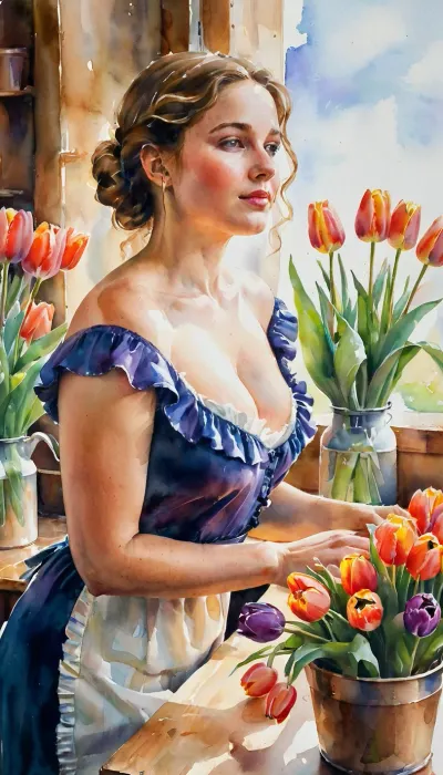 watercolor painting, watercolor masterpiece, pure, transparent watercolor, soft, blending layers of paint, wet-on-wet technique, color runs and splotches, the visible texture of watercolor paper, a young, beautiful Dutch florist, fair skin with a bright blush on her cheeks, wavy hair gathered into a bun at the nape of her neck, delicate facial features, a deep, soft neckline, a dark blue off-the-shoulder dress, short ruffled sleeves, a white apron, she stands behind the counter in a Dutch tulip shop surrounded by numerous vases and pots filled with tulips of various types and colors, a soft watercolor background, daylight streaming in through the window, a romantic, sensual atmosphere, high level of detail, best quality, masterpiece