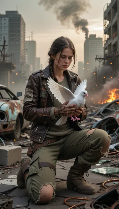 Award-winning contest photograph, hyper-realistic wide-angle cinematic portrait shot on heavy 35mm film grain, set within a vast, hostile post-apocalyptic urban wasteland under a crushing, toxic ashen sky. Masterpiece composition with flawless technical precision. The atmosphere is heavy with dense industrial smog, chemical dust, and distant smoke plumes, with glowing dust motes floating through space, illuminated by a pale, veiled sun and the flickering orange light of faraway fires. A young woman in her early twenties, surviving in this harsh wasteland, is kneeling on both knees directly upon cracked, buckled asphalt littered with rusted, gutted car frames, burnt-out vehicle chassis, collapsed concrete slabs with exposed rebar, broken glass, and copper wiring. Her entire focus is on her hands, central to the composition and locked in razor-sharp focus. Her calloused, soot-caked hands gently cup a stark white domestic dove. The bird's immaculate white feathers tense, its wings half-spread and alert, held securely yet gently. The bird's pink, highly detailed textured feet with tiny curved claws are individually rendered, resting naturally against her palms without clipping. Her survivor attire features a functional, scavenged Mad Max and Fallout aesthetic, a worn dark brown leather biker jacket heavily patched with coarse canvas and tarnished brass rivets, over a faded thermal knit shirt and a rugged utility harness with small pouches. She wears faded olive-drab canvas cargo trousers, shredded at the knees and stained with oil and mud, tucked into heavy scuffed leather combat boots wrapped in cloth bindings. Her dirty auburn hair is loosely woven into a messy braid with stray strands framing a face streaked with soot, dust, and sweat. Her expression is a quiet mixture of reverence, exhaustion, and hope. Her hands show a clear, flawless anatomical layering with five distinct fingers per hand, Her right hand forms the base, supporting the dove's belly. Her left hand, partially obscured, is positioned intricately beneath and slightly over the right, its fingers woven around to lock the form, showing distinct finger joints, natural skin folds, and visible tendons preventing any structural merge. The background features towering concrete skyscrapers standing as hollowed-out skeletal husks with shattered windows and twisted metal frameworks. The scene is bathed in dramatic, ominous light filtering through heavy haze, casting harsh shadows across the woman's face, her rugged clothes, and the detailed grime on her interwoven hands. Shot with a prime lens at f/2.8, creating a volumetric depth of field where the crumbling, ash-dusted cityscape melts into soft background bokeh while keeping the woman, her interwoven hands, the bird's detailed feet, and fluttering white feathers in razor-sharp detail.