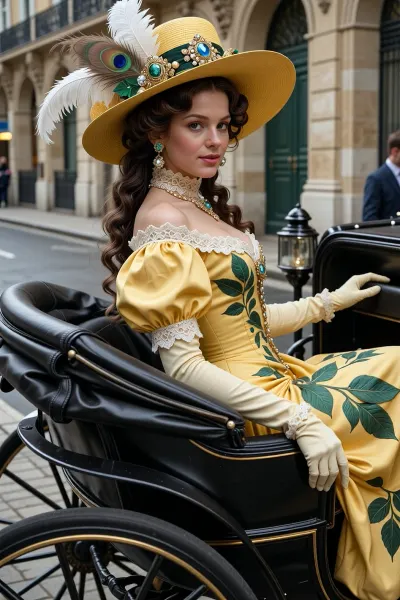 A young woman from the late Belle Époque of the 1910s sits in a black, open horse-drawn carriage on a Parisian street. She is turned slightly over her right shoulder, looking directly at the viewer, and smiling softly. She has dark brown wavy hair, the large curls of which are styled in a voluminous updo that falls over one shoulder. On her head is a large, wide-brimmed yellow hat adorned with white and green ostrich feathers, large gems, (emeralds and sapphires), pearls, lace, and gold trim. She wears a yellow silk gown with open shoulders, puffed sleeves, a finely woven corset at the back, and large green leaf appliqués on the fabric. She wears long, cream-colored, elbow-length gloves. Her left hand rests calmly on the black leather seat of the carriage. The carriage is a classic black, open, four-wheeled horse-drawn carriage of the Victorian or Landau type, with the top completely lowered. Black leather upholstery, high-axle wheels with metal rims, decorative brass and black metal elements, and a low side visible behind part of the seat. A woman sits in the back seat, the body slightly turned.
The background shows a wet, shiny cobblestoned Parisian street after rain, with the Eiffel Tower in the center left, other horse-drawn carriages and passersby in 1910s clothing, the facades of Haussmannian buildings, and a cloudy sky with soft, diffused light.
The style is classic oil painting, characterized by thick brushstrokes, rich paint textures, soft, figurative light, realistic details of fabrics, feathers, carriage leather, and wet asphalt, a late Belle Époque atmosphere, high detail, and museum quality.