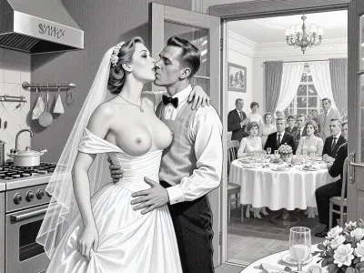 This is is a detailed monochromatic pencil drawing in a classical illustrative style depicts a scene set in USSR, in 1950s, a striking busty slutty bride in a white dress, hugs and passionately kisses an waiter in the restaurant kitchen who roughly and imperiously paws her tits, ((marginal waiter roughly pawing her exposed tits with his fingers)), the restaurant hall is visible through the open kitchen door, on a festive table during the wedding banquet, family and parents are watching in their best clothes, a large banquet hall, They celebrate the wedding without noticing the bride, The overall mood is intense, rendered in fine, expressive line work and subtle shading, evoking the style of 1950s satirical or moralistic illustrations.