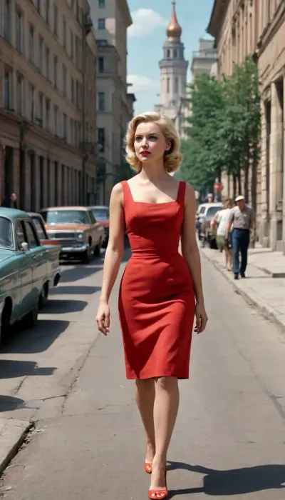 (detailed drawing with clean lines and meticulous shading, flat colors, line art, no gradients, line drawing, clearly drawn contours, contour lines, non-gradient base flat colors, limited eight colors palette), hot naughty blonde right from 1960s in red short summer dress walking down the street, Stalin empire style buildings in background, the soviet era, USSR epoch, 1960s entourage